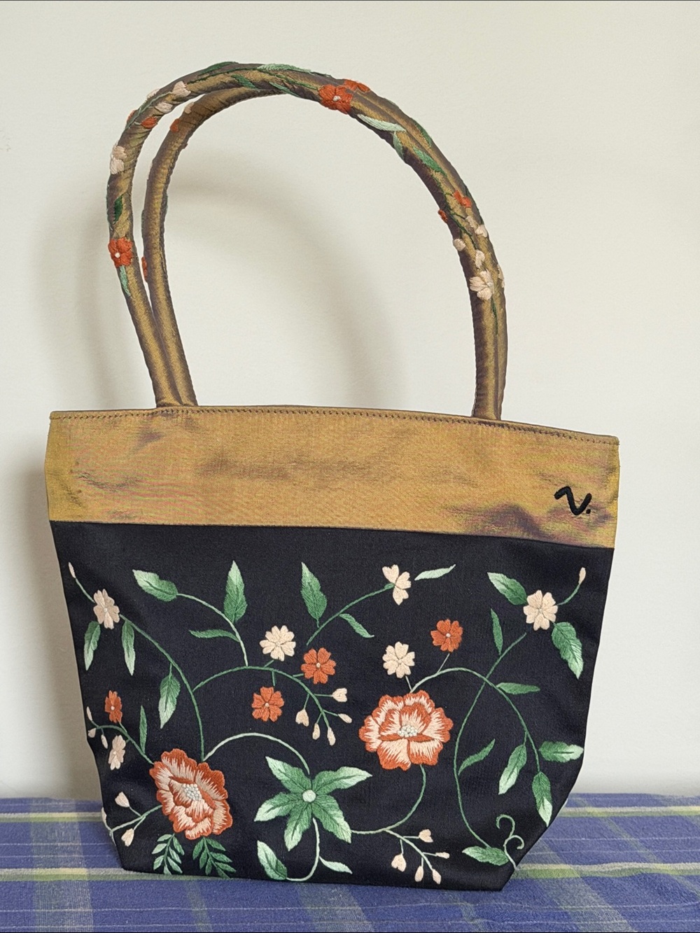 Claire V silk purse black and tan/gold with floral embroidery